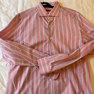 Isaia Napoli Pink Striped Italian Dress Shirt XL | Luxury Cotton Long Sleeve But